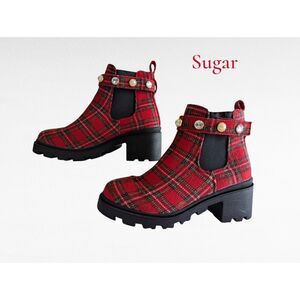 Sugar Favorite 4 plaid combat/ankle rhinestone/pearl strap boot Sz 8M